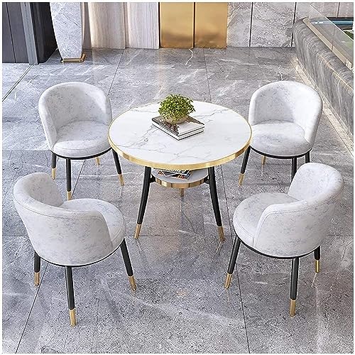 WEBERT Office Reception Room Club Table and Chair Set - Modern Design Minimalist Style Wooden Round Table - White - Set of 4