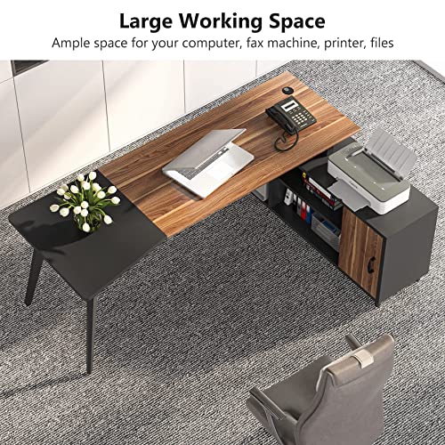 Tribesigns L-Shaped Executive Desk with File Cabinet, 78.74 Inch, Shelves - Rustic Brown