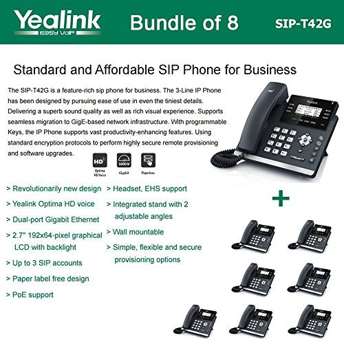 Yealink SIP-T42G - Bundle of 8 Gigabit IP Phone 6 Line Keys with Dual-color (red or green)LED  Wall Mountable