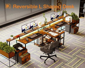 ODK L Shaped Desk with File Drawer, Power Outlet, LED Strip, & Storage Shelves