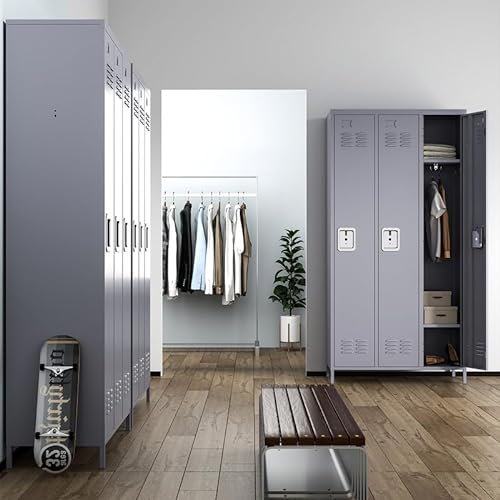 BIZOEIRON 3 Doors Metal Locker with Lock, 72" Steel Storage Cabinet - Grey
