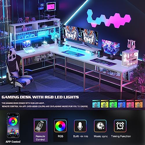 Unikito Modern L-Shaped Desk with Hutch, RGB LED Lights, Smart Control, Monitor Stand, Power Outlets, USB Ports