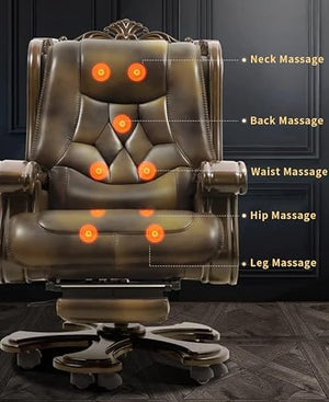 Kinnls Genuine Leather Massage Chair with Wooden Armrest