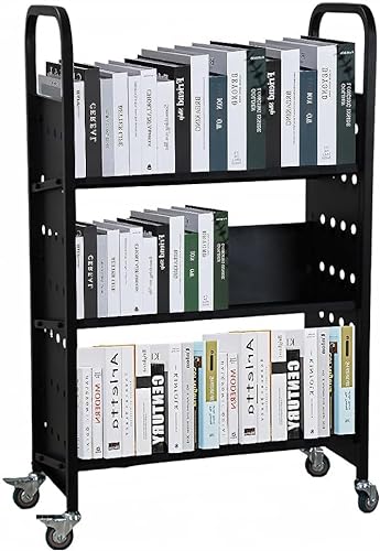 Geefia Library Cart with Lockable Wheels - Black, 30x14x44