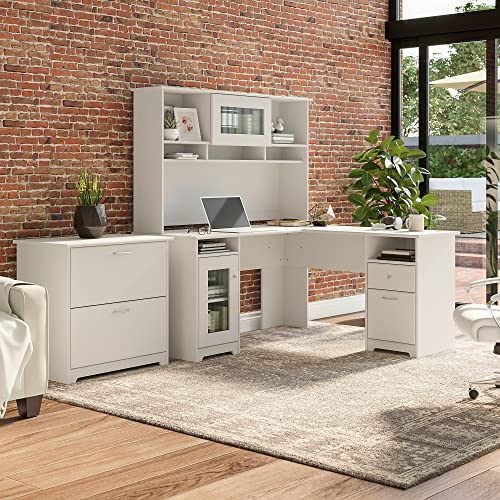Bush Furniture Cabot 60" L-Shaped Computer Desk with Hutch, File Cabinet - White (CAB005WHN)