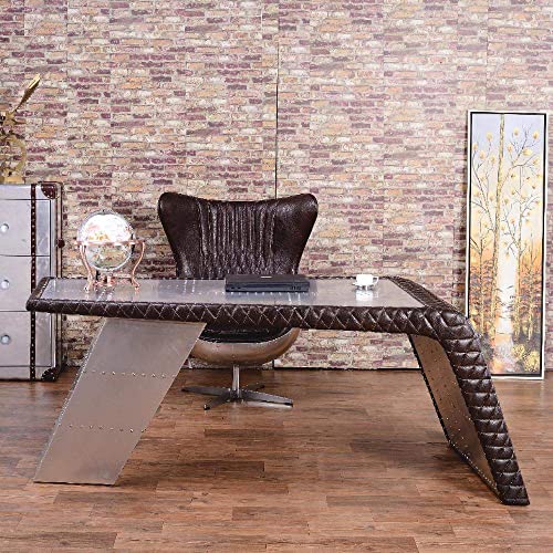 Nautical-Mart Aviator Wing Desk with Storage - Aluminum and Leather - Silver - 76″Wx32″Dx30″H