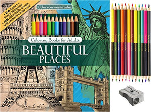 Beautiful Places Adult Coloring Book Set With 24 Colored Pencils And Pencil Sharpener Included: Color Your Way To Calm