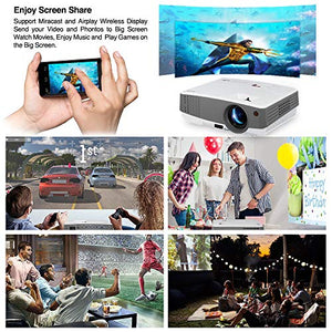 2019 Portable Wireless Bluetooth LCD Projectors 3300 Lux Mini Smart TV Projector Home Theater with HDMI USB Aux Audio VGA AV Android OS Support 720P 1080P for Gaming Outside Moive Night Smartphone
