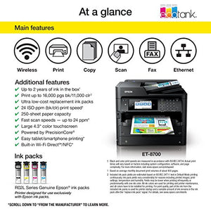 Epson Workforce Pro ET-8700 EcoTank Wireless Color All-in-One Supertank Printer with Scanner, Copier, Fax and Ethernet
