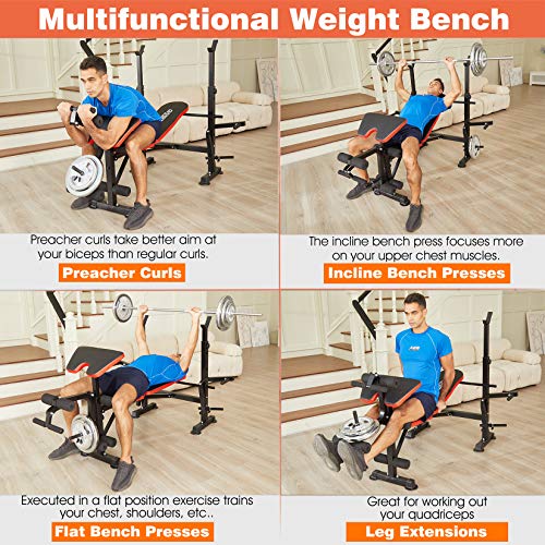 OppsDecor 330lbs Adjustable Olympic Weight Bench Press with Preacher Curl & Leg Developer Multi-Function Strength Training Exercise Equipment for Home Gym Full-Body Workout (Deepred)
