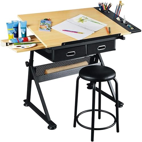 OGRAFF Drafting Table Height Adjustable Tiltable Craft Desk with Storage Maple Panel Art Desk