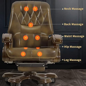 Kinnls Executive Office Chair with Massage Recliner, Genuine Leather Ergonomic High Back Desk Chair (Cowhide - Brown)