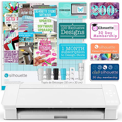 Silhouette White Cameo 4 Starter Bundle with 38 Oracal Vinyl Sheets, T-Shirt Vinyl, Transfer Paper, Class, Guides and 24 Sketch Pens