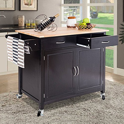 CHEFJOY Kitchen Rolling Cart w/ 2 Drawers 2-Door Cabinet Adjustable Shelf Wood Top Island Serving Utility Storage Cart w/Lockable Wheels Towel Rail Handle (Dark Brown)