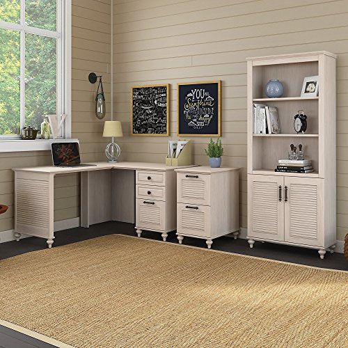kathy ireland Home by Bush Furniture Volcano Dusk 51W x 57D L Shaped Desk with Bookcase and File Cabinet in Driftwood Dreams