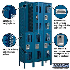 Salsbury Industries 2-Tier Vented Metal Locker with 3 Wide Units, 6ft H x 15in D, Blue
