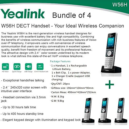 Yealink W56H Bundle of 4 IP DECT VoIP Phone Handset, HD Voice, Quick Charge