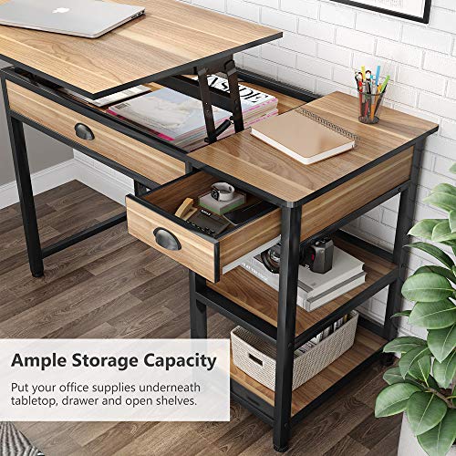Lift Top Desk with Drawers, 47 inch Computer Desk with Shelves, Height Adjustable Standing Desk with Monitor Riser, Study Table Writing Desk for Home Office (Oak)