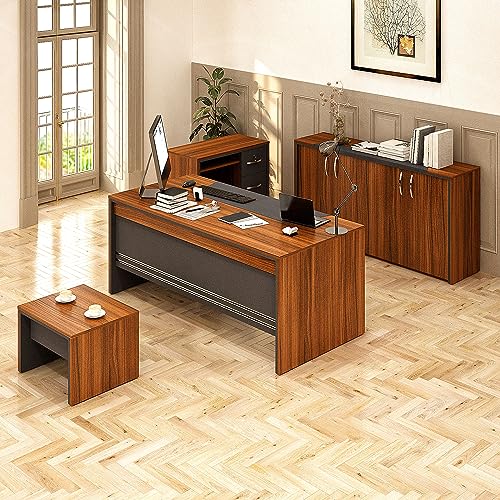 Casa Mare 71" Wood Home Office Furniture Set of 4pcs | Executive Desk w/Leather Pad & Lockable File Drawers | Storage Cabinet & Modern Coffee Table