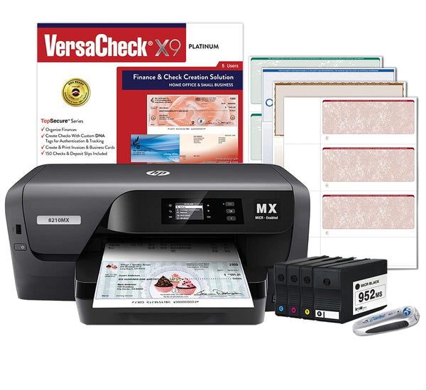 VersaCheck OfficeJet Pro 8210 MX MICR Check Printer and VersaCheck X9 Platinum 5-User Check Printing Software Bundle