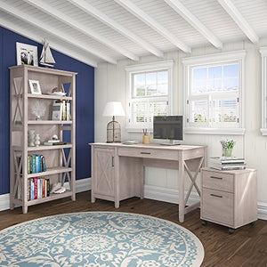 Bush Furniture Key West 54W Computer Desk with Storage, 2 Drawer Mobile File Cabinet and 5 Shelf Bookcase in Washed Gray