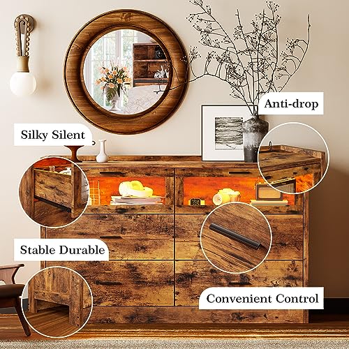 LIKIMIO 47" 6 Drawer Glass Dresser with LED, Power Strip, and Storage Cabinet - Rustic Brown