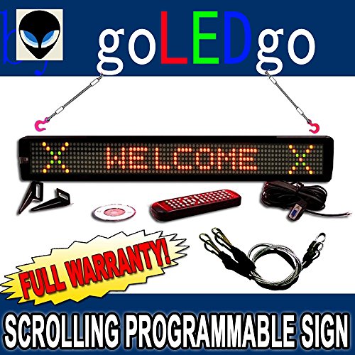 goLEDgo Ultra Brightness 3-Color Programmable Scrolling LED Message Marquee Sign (Size: 4"H x 26"L x 1"D) with Hanging System Chain and Wall Mounting Device (Red Green Amber)
