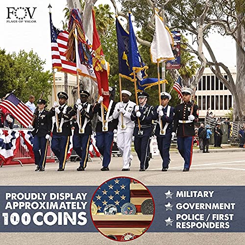 Flags of Valor Challenge Coin Holder Wooden American Flag Wall Decor -Medium - 36" x 19.5” - Made in the USA - Holds 100 Coins. Government Military Challenge Coin Holder Display Made by True Veterans