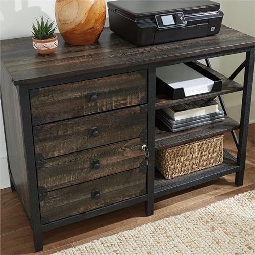 Sauder Steel River Industrial Credenza with Drawers, Carbon Oak Finish