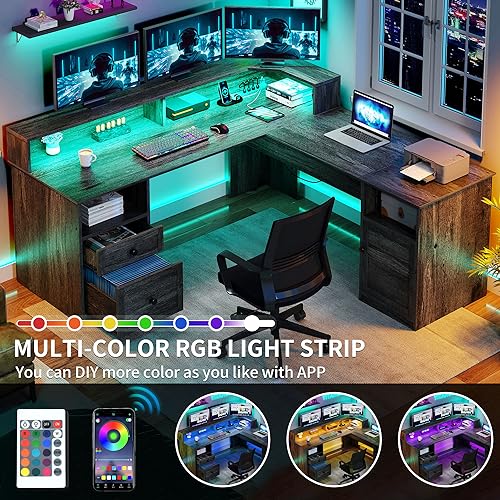 YITAHOME L Shaped Desk with Power Outlets & LED Lights, 60”, Grey