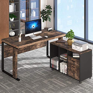 Tribesigns L-Shaped Computer Desk with Leteral File Cabinet, 55 inch Executive Office Desk Workstation Business Furniture with Letter Size Filing Cabinet for Home Office, Vintage Brown