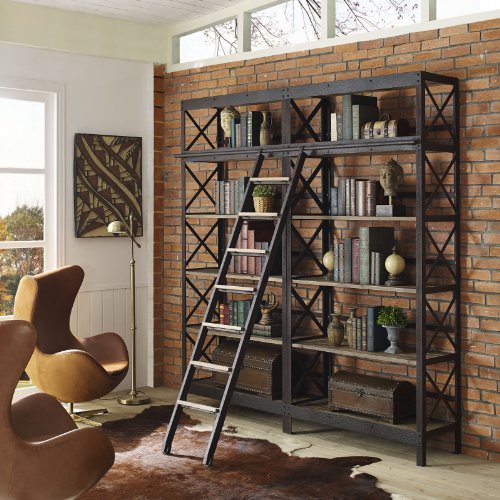 Modway Headway Industrial Modern Wood Bookshelf With Ladder in Brown