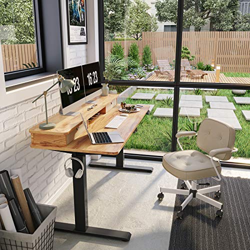 FEZIBO Height Adjustable Electric Standing Desk with Double Drawer, 55 x 24 Inch Stand Up Table with Storage Shelf, Sit Stand Desk with Splice Board, Black Frame/Light Rustic Top