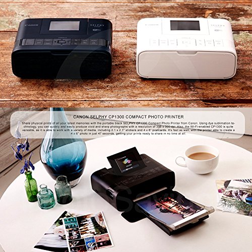 Canon SELPHY CP1300 Compact Photo Printer (White) with WiFi w/Canon Color Ink and Paper Set + Case + Battery