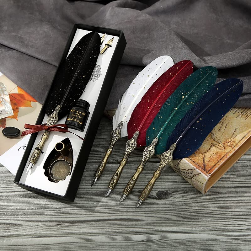 ZYKHD 1 Set Classic Texture Practical Calligraphy Feather Dip Pen Quill Fountain Writing Portable Durable Wedding Gifts (Color : White)