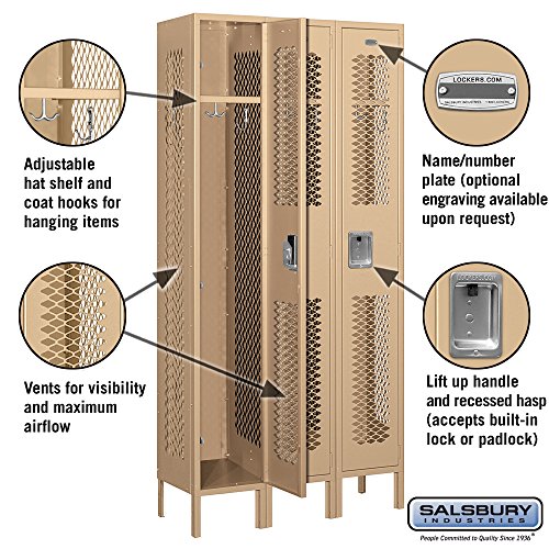 Salsbury Industries 1-Tier Vented Metal Locker with Three Wide Storage Units, 6-Feet High, 12-Inch Deep, Tan