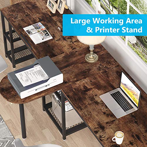 Tribesigns 102 inches Double Computer Desk with Storage Shelves and Tiltable Tabletop, Extra Long Two Person Desk with Printer Shelf, Double Workstation Desk Study Table for Home Office (Rustic Brown)