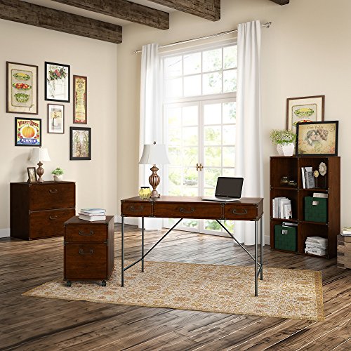 kathy ireland Home by Bush Furniture Ironworks 48W Writing Desk, 2 Drawer Mobile File Cabinet, 6 Cube Bookcase, and Lateral File Cabinet in Coastal Cherry
