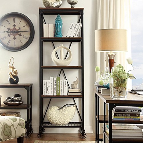 ModHaus Living Modern Industrial Rustic Riveted Black Metal & Wood Bookcase Shelf with Decorative Wheels - Includes (R) Pen