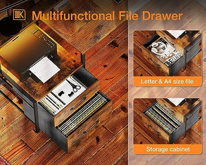 ODK L Shaped Desk with File Drawer, Power Outlet, LED Strip, & Storage Shelves