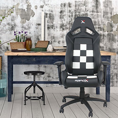 Finish Line White on Black Checkered Flag Pattern Gaming and Lifestyle Chair by RapidX