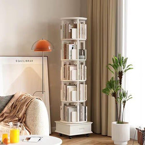 MMV Rotating Book Shelf with Drawer, 5-Tier Mobile Bookshelf, 79" Tall, White