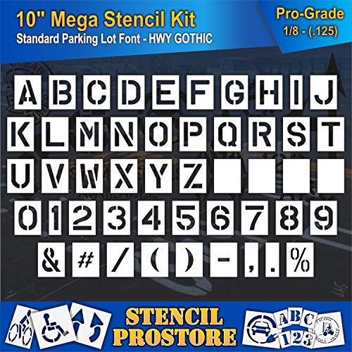 Pavement Stencils -10 inch MEGA Alpha/NUM Set - (64 Piece) - 10" x 7.5" x 1/8" (128 mil) - Pro-Grade