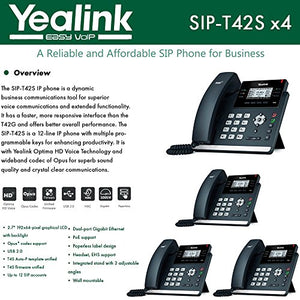 Yealink [4-Pack] T42S IP Phone, 12 Lines. 2.7-Inch Graphical LCD. Dual-Port Gigabit Ethernet, 802.3af PoE, Power Adapter Not Included (SIP-T42S-4)