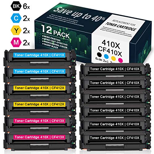12 Pack High Yield 410X | CF410X CF411X CF412X CF413X Toner Cartridge Replacement for HP Color Laserjet Pro M452dn M452dw M452nw MFP M477fdn M477fdw M477fnw Printer Toner (6BK/2C/2Y/2M) - by VaserInk