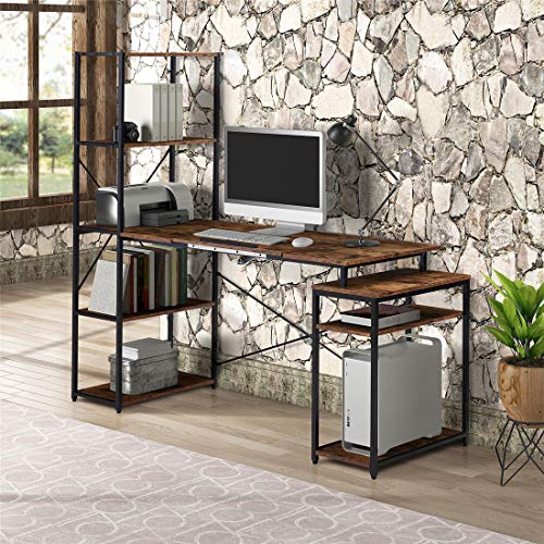 65.3''L-Drafting Table Multi-Function Drawing Table with Adjustment Table Board Computer Desk Writing Desk Workstation for Office Home with Bookshelves Hutch Rusty