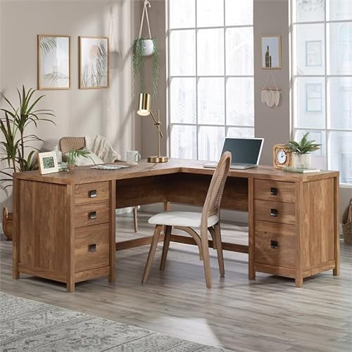 Sauder L-Shaped Desk with 6 Storage Drawers, Sindoori Mango Finish