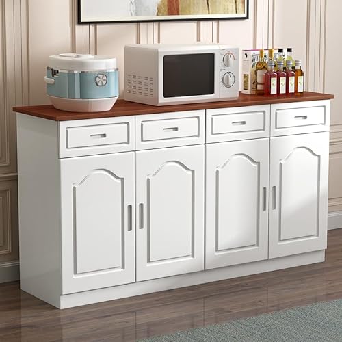 Generic Solid Pine Wood Sideboard Buffet Storage Cabinet MINGPING (Walnut+White, 158x40x80cm, 4 Doors)