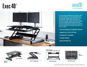 VARIDESK – Taller Height Adjustable Standing Desk Converter– Exec 40 – Stand Up Desk for Dual Monitors