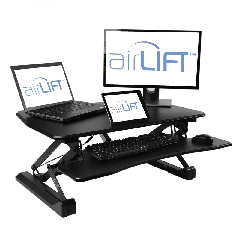 Seville Classics OFF65806 Airlift 36" Electric Height Adjustable Standing Desk Converter Workstation with 2.1A USB Charger Ergonomic Motorized Dual Monitor Riser, Full, Black